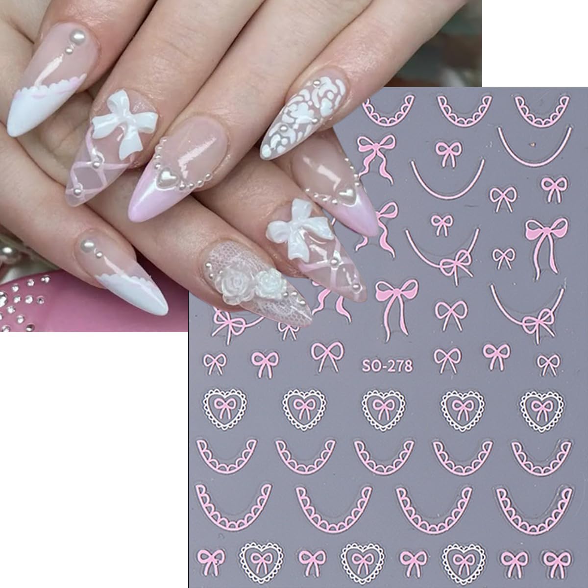 6Sheets Star Bow Nail Stickers 3D Self Adhesive Black White Pink Bows Heart Nail Decals Lace French Tip Nails Art Stickers Cute Bow Charms Sticker Star Nails Design Supplies for Women Girls Manicure