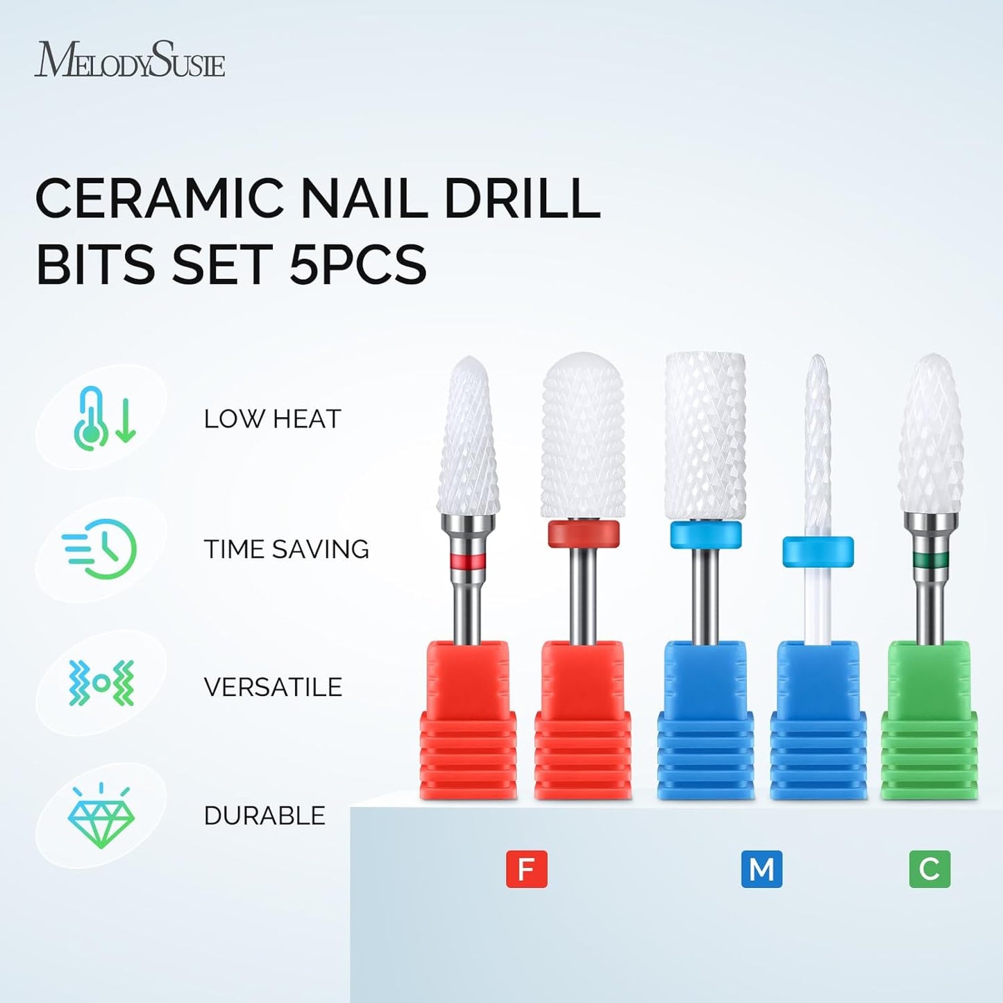 MelodySusie Ceramic Nail Drill Bits Set, 3/32'' (2.35mm) Professional Acrylic Nail File Drill Bit for Manicure Pedicure Cuticle Gel Nail Polishing 5Pcs