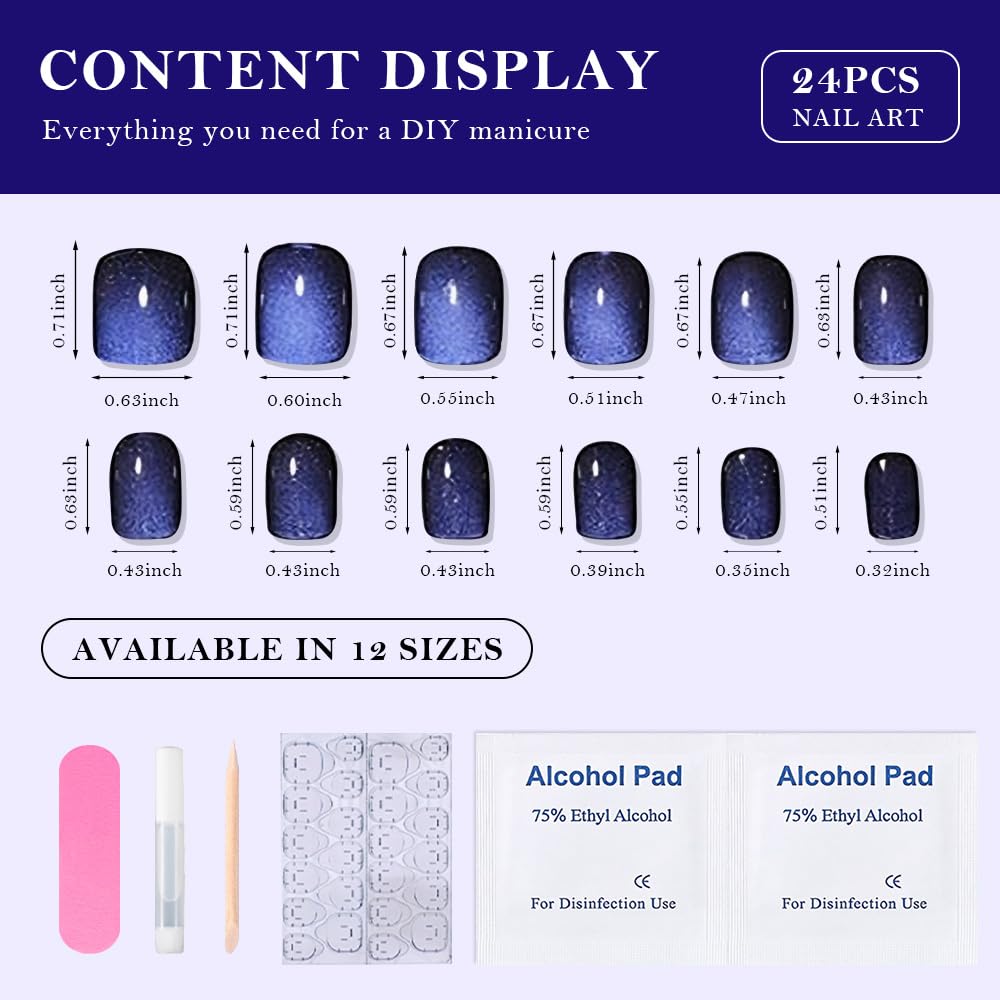 evpct Blue Cat Eye Extra Short Press on Nails Square, Petite Short Square Glue on Nails for Women Gift, Royal Blue Metallic Glitter Glossy Reusable Stick Gel Press on Acrylic Fake Nail with Designs