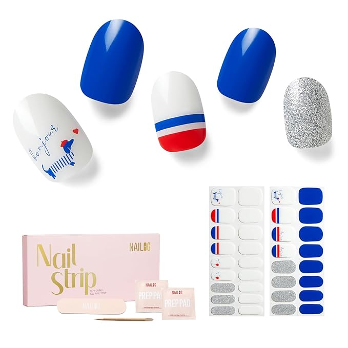NAILOG Semi Cured Gel Nail Strips - 34 pcs | Buy 2 Get 1 UV Lamp | Long Lasting Nail Polish Sticker Wraps with Glossy Gel Finish, Bonjour