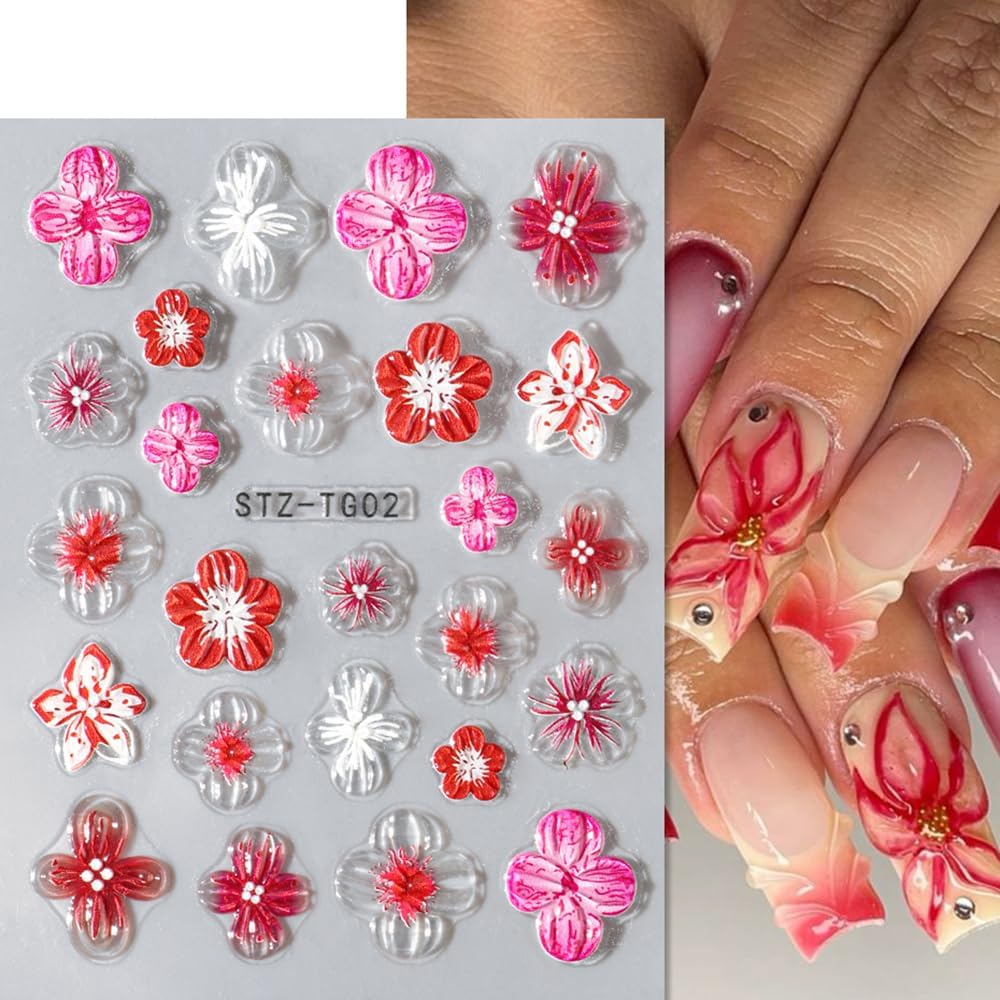 Flower Nail Art Stickers, 5D Embossed Hibiscus Flower Nail Decals Colorful Aurora Gradient Ice Transparent Flowers Design Self-Adhesive Summer Stickers DIY Engraved Manicure Foils Nail Art 2 Sheets