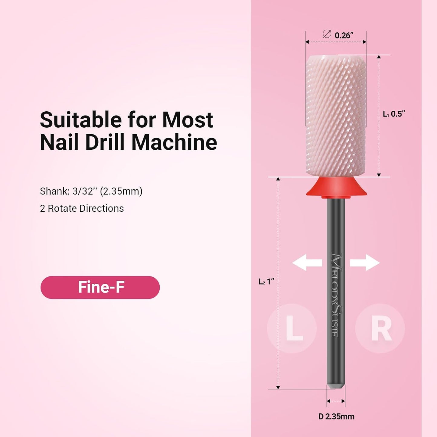 MelodySusie Ceramic Nail Drill Bits, 3/32'' Chamfer Flat Top Large Barrel Bits, Fast Remove Acrylic or Hard Gel, Nail Tool for Manicure Pedicure, Salon Home, Professional or Beginner, Pink, Fine