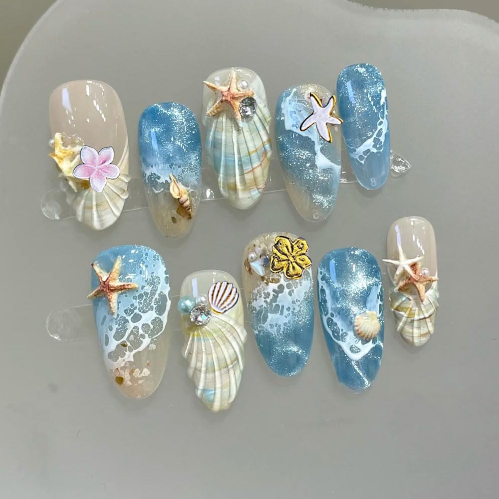 5D Embossed Beach Nail Art Stickers, 4 Pack, White Gold Shell Starfish Design, Self-Adhesive Ocean Theme Decals for Summer Manicure Decoration