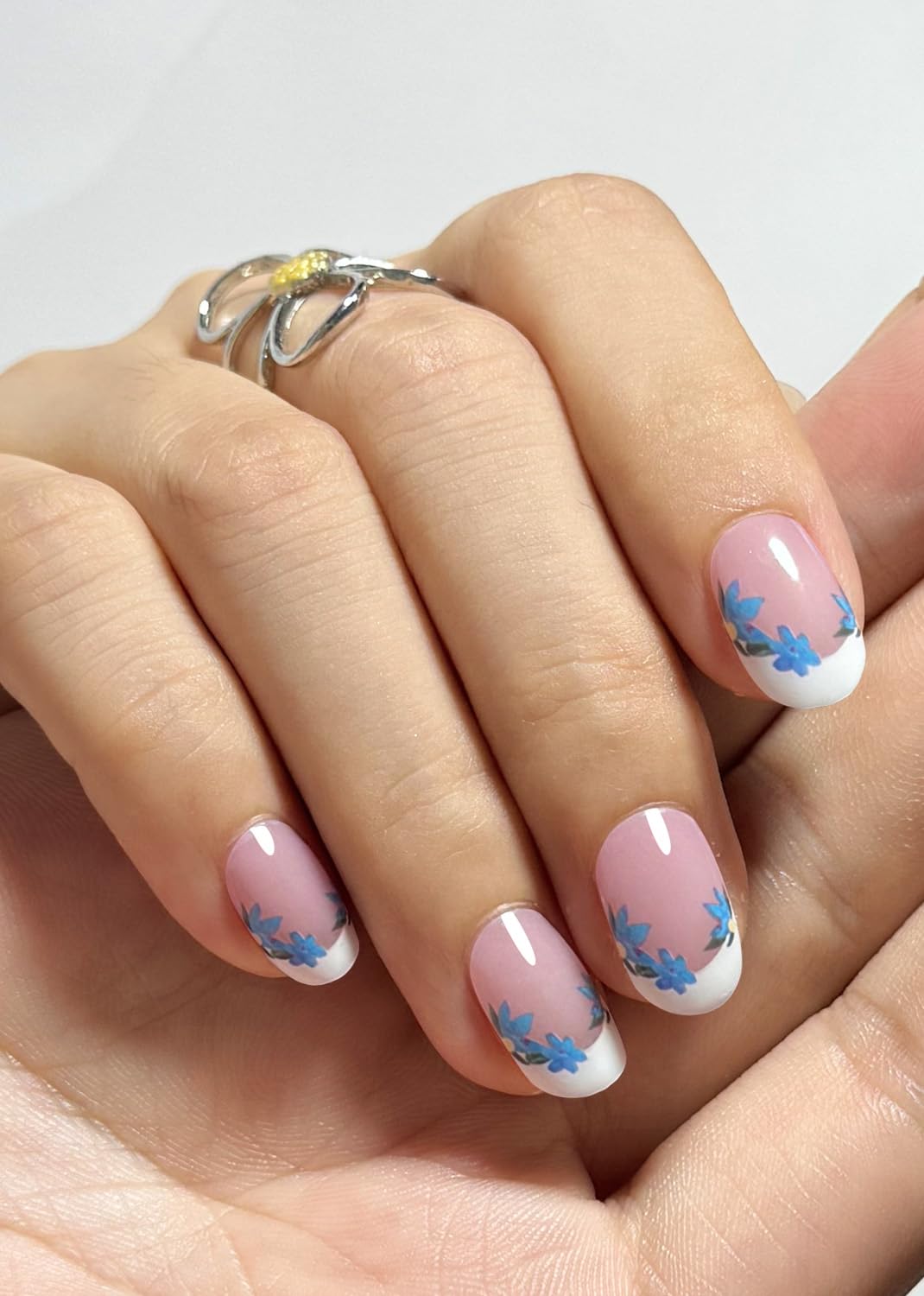 Gel Nail Strips No UV, Flower French, UV Free, Long Lasting Gel Stickers - Contains 22 Wraps, 1 Prep Pad, 1 File