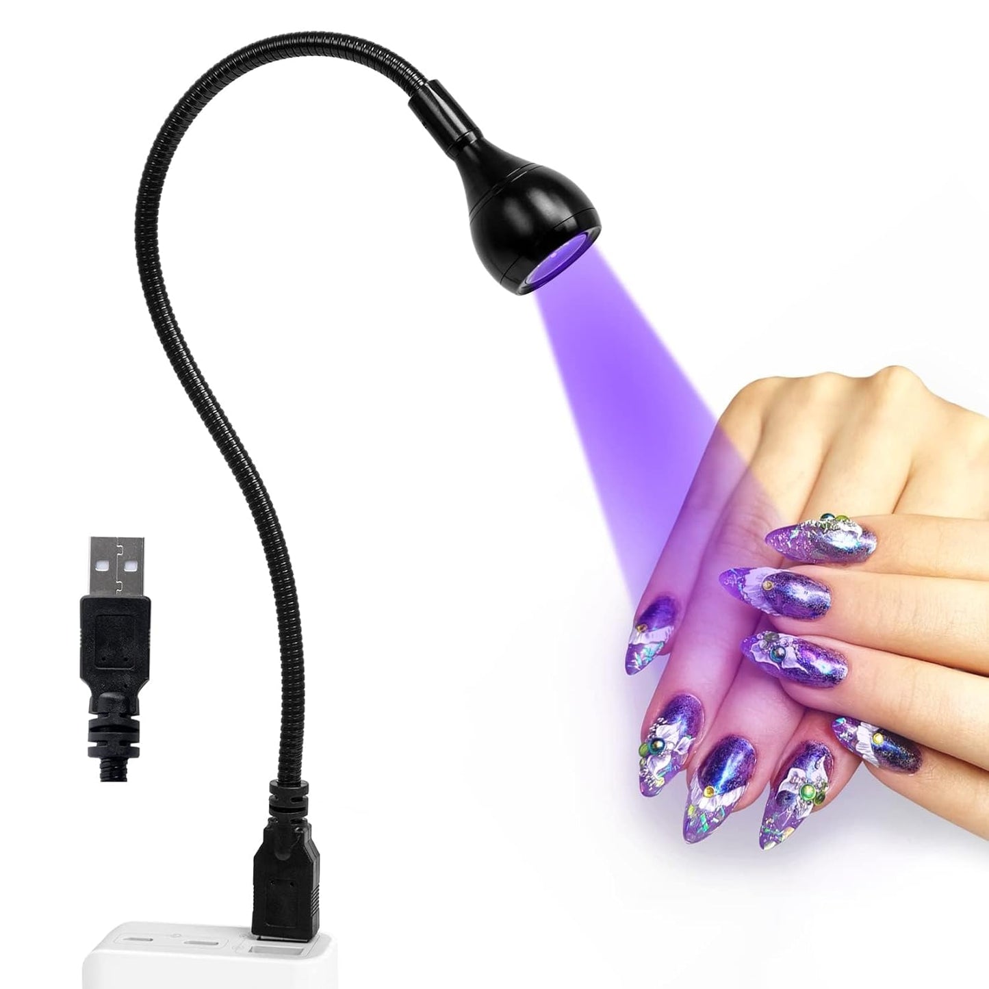 AORAEM LED Nail Lamp 3W LED Nail Portable Manicure Dryer Gel Polish Curing Light with Black Gooseneck Uv Light for Gel Nails Tips USB Plug Play Nails Salon and Home DIY