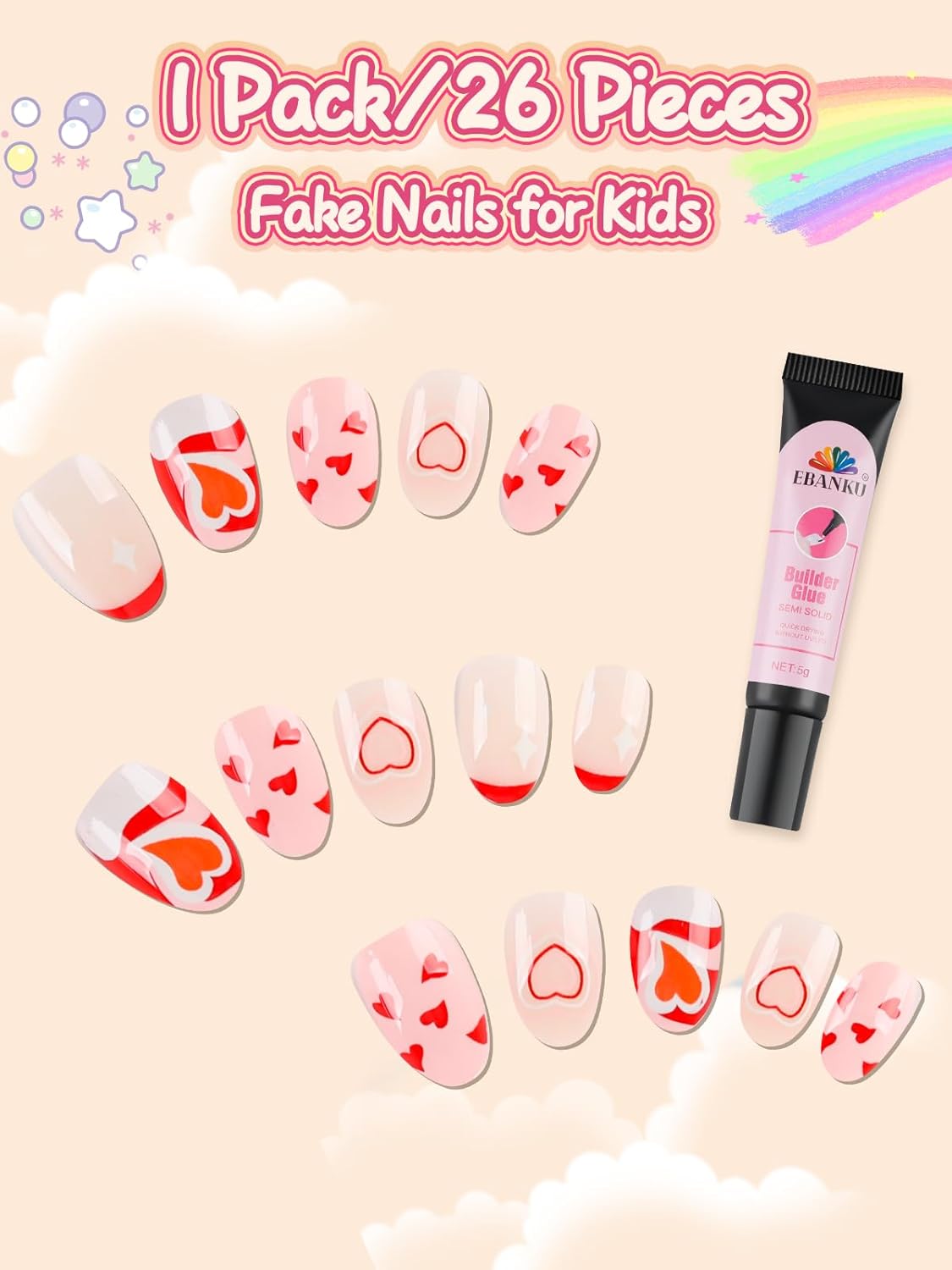 26 Pcs Press on Nails for Girls, EBANKU Fake Nails for Kids 5-12 Years Red Heart False Nails with Nail Glue, Short Full Cover Press on French Nails Tip for Child