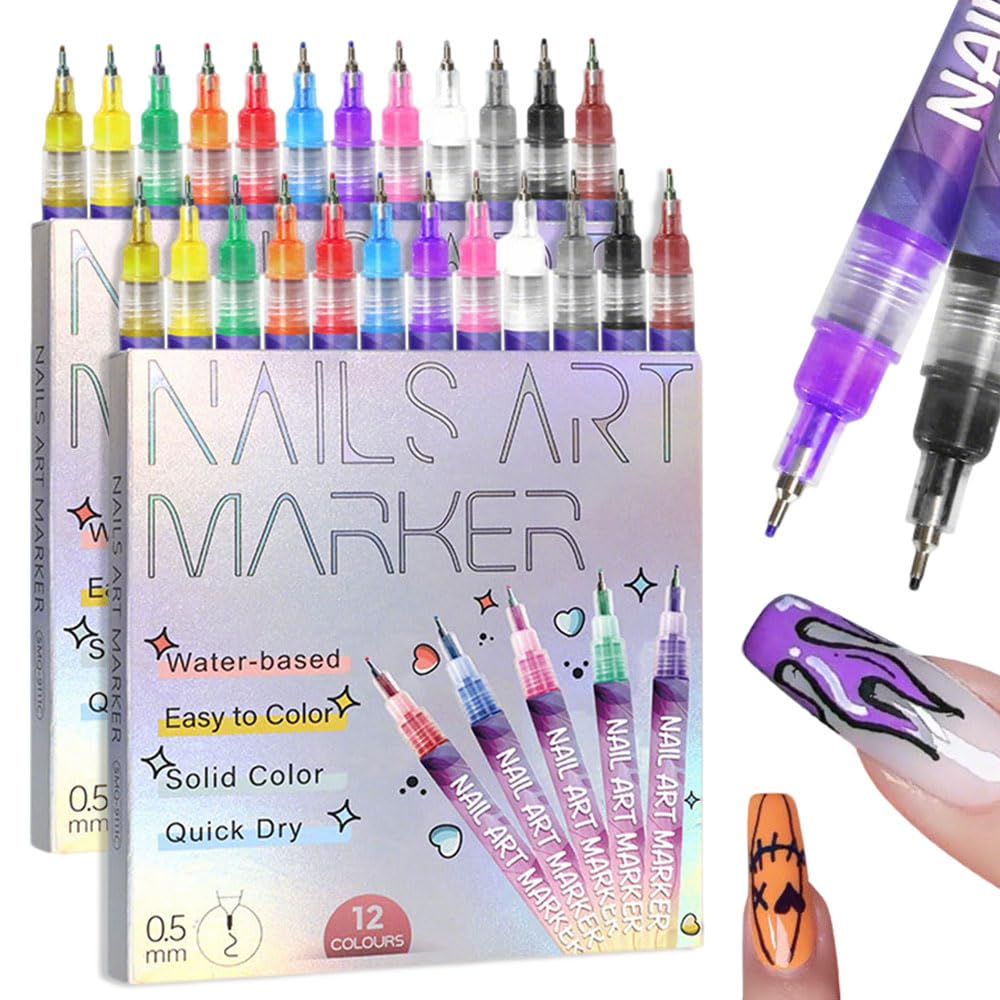 12 Colors Nail Art Pens Set, 2025 Upgrade Nail Art Markers for Gel Nails, DIY Nail Art Marker Drawing Painting Liner Pen, Nail Art Tools for Graffiti Dotting Drawing Painting Point Liner DIY (2 Sets)