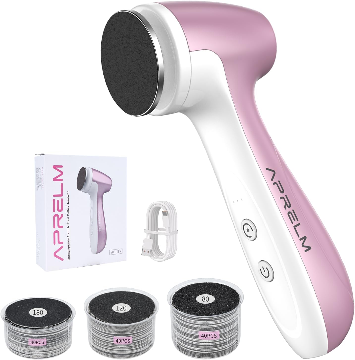 AprElm-E7 Rechargeable Electric Foot Callus Remover with 3-Sizes 120Pcs Sandpaper Discs, Professional 1000RPM 3-Speed Control Electric Foot File (Pink)