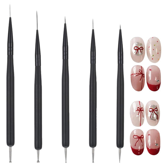 5Pcs Nail Dotting Liner Tools Double-End Nail Art Brushes Kit Nails Art Gel Polish Liner Brushes Dotting Pen Tools Painting Arts Design Brush Set for Long Lines, Thin Details, Fine Drawing Black
