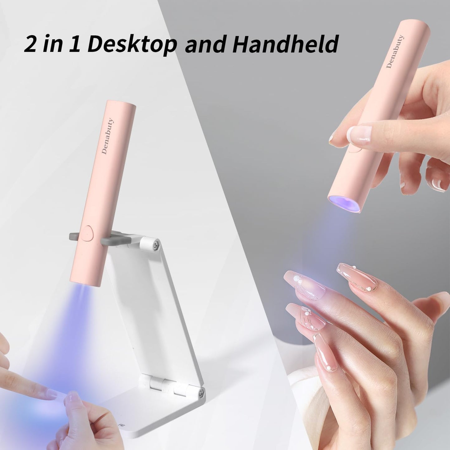 UV Light for Gel Nails, Denabuty Mini U V LED Nail Lamp Handheld with Stand, Portable Nail Dryer Rechargeable USB Cordless, Nail Light with 2 Timers for Fast Drying, Pink