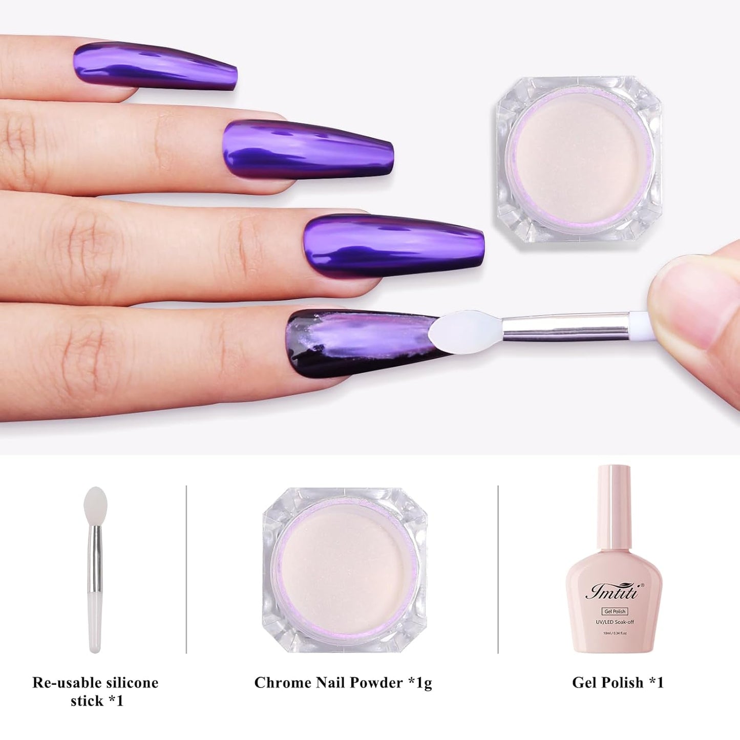 Imtiti Chrome Nail Powder with Black Gel Nail Polish Kit, 1g Dark Purple Aurora Meatllic Mirror Effect Powder and 10ML Black Gel Polish Shimmer Nail for UV Nails Art DIY Kit