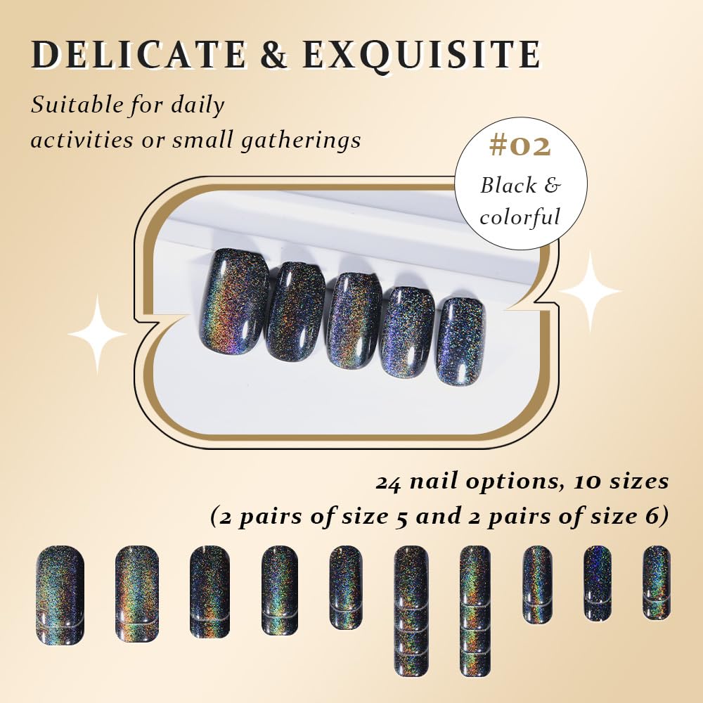 evpct Black Chrome Metallic Cat Eye Press on Nails Square Medium, Glue on Nails Medium Length Square for Women, Black Metallic Nail press ons, Iridescent Glitter Halloween Acrylic Fake Press on Nail