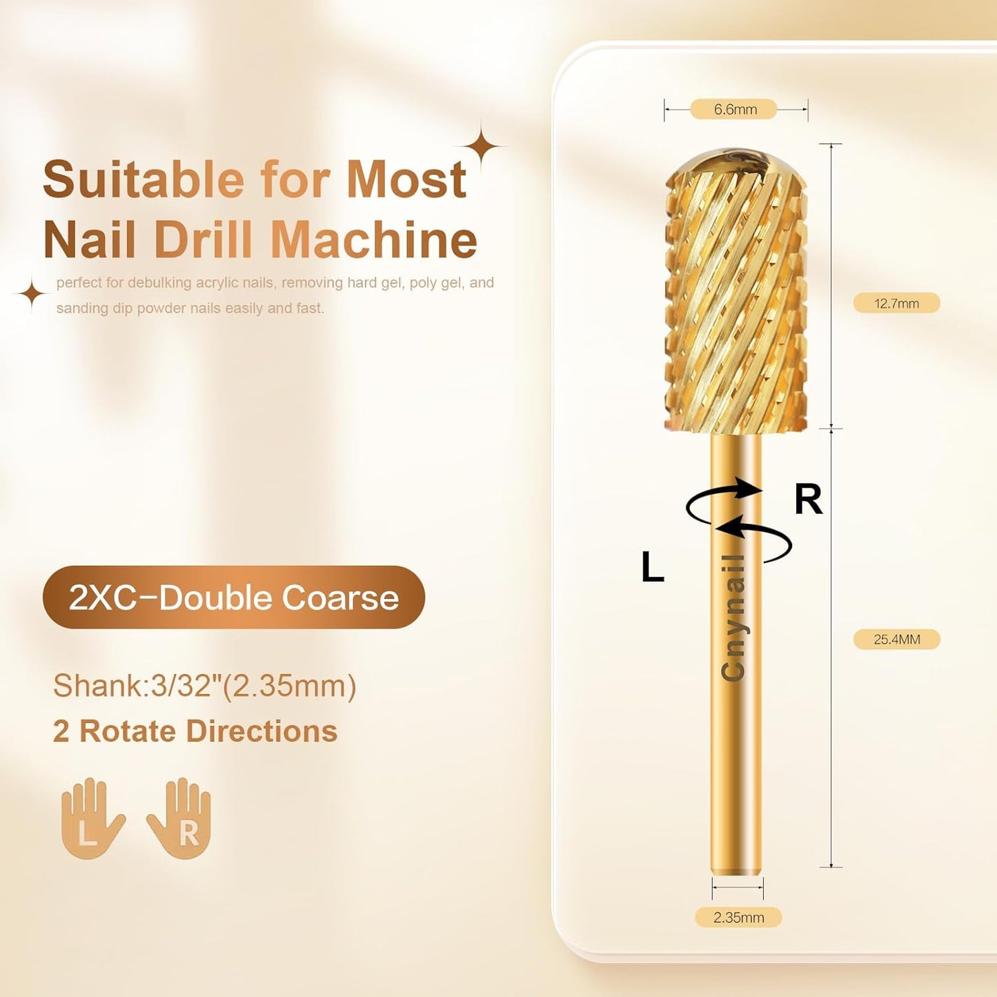 3/32" Large Barrel Smooth Round Top Tungsten Carbide Nail Drill Bit Safety Bit for Gel & Acrylic Removal, 2-Way Rotating Efile Tip, Salon Electric File Accessory (2XC Grit, Gold)