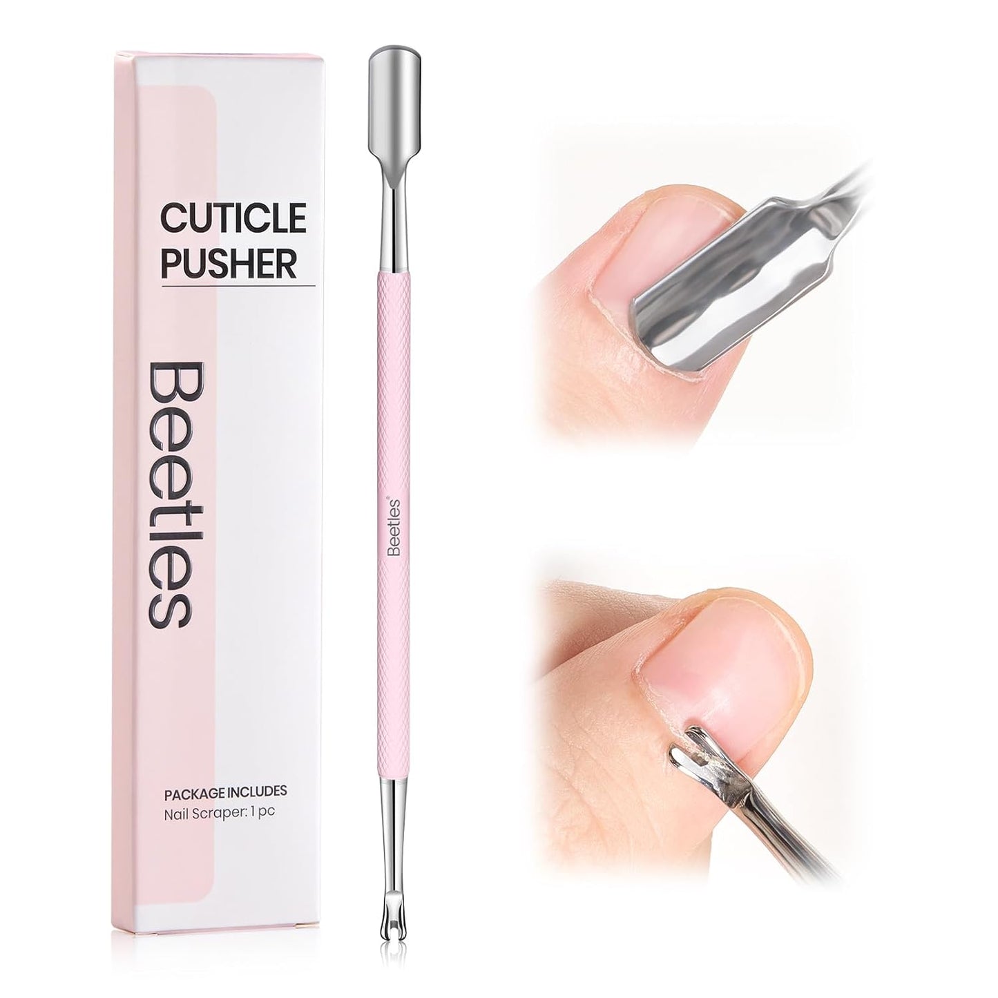 Beetles Cuticle Pusher Dual Ended Cuticle Remover with Round End Push Back Cuticles Fork End Remove Lifted Cuticles Nail Prep Tool Stainless Steel Pink Two in One Dead Skin Nail Scraper