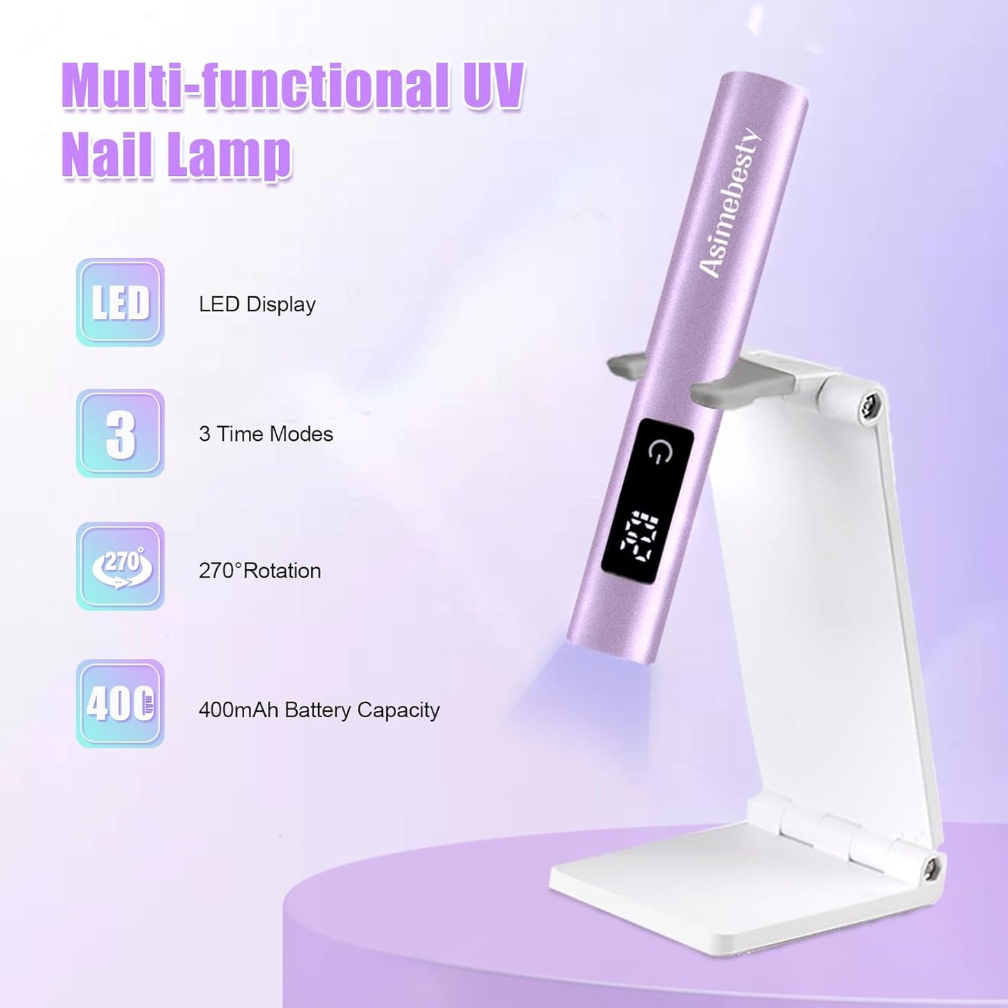 UV Light for Gel Nails, Mini UV Nail Lamp Hand held with Stand, Portable Small Nail Dryer Light for Gel Polish with 3 Timers, Rechargeable Cordless UV Light Nail for Fast Curing, Violet