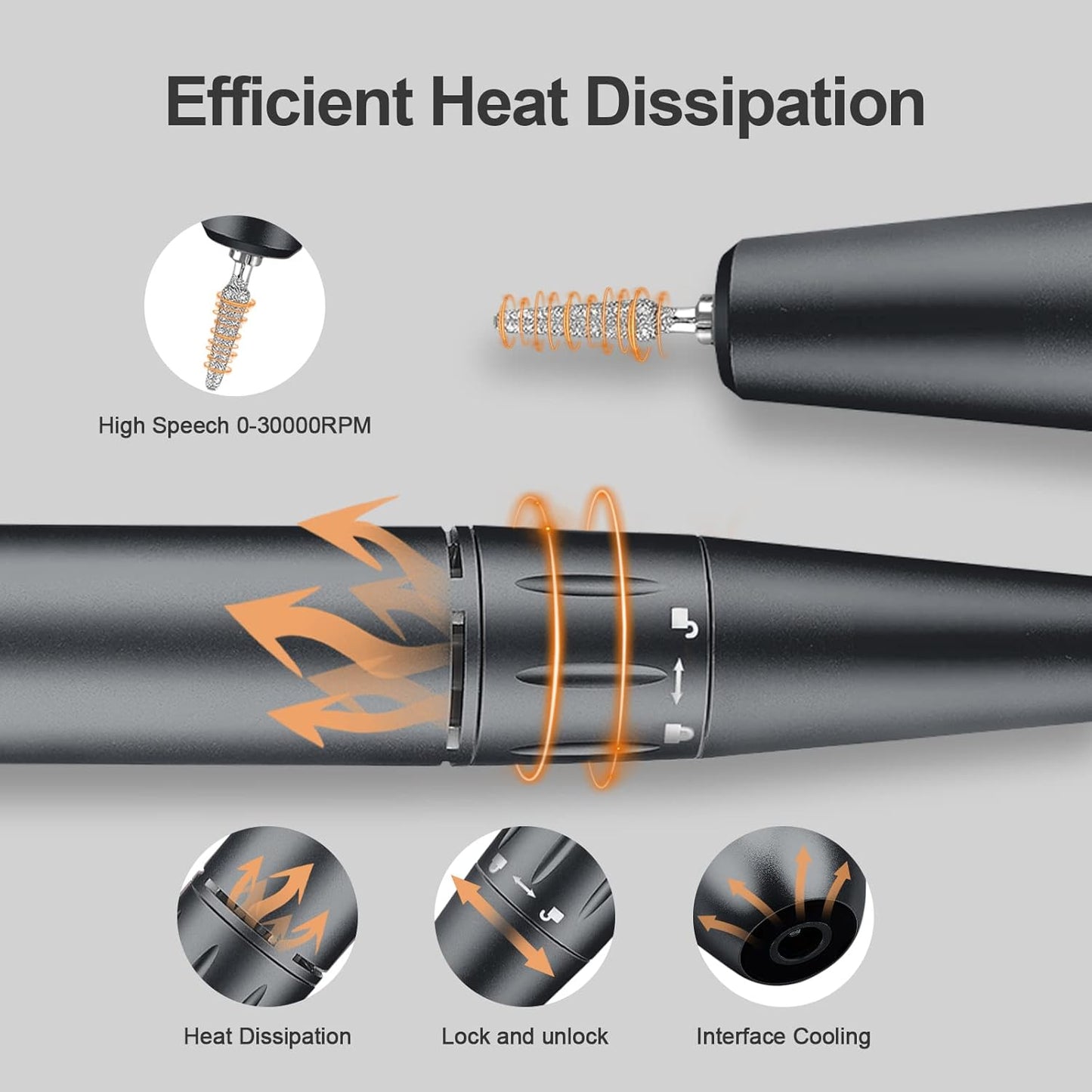 Professional Portable Nail Drill, 30000RPM Rechargeable Electric Nail File Machine for Acrylic Nails Gel Polishing Removing,Cordless E File Nail Drill Machine with Bits for Manicure Salon Home, Gray