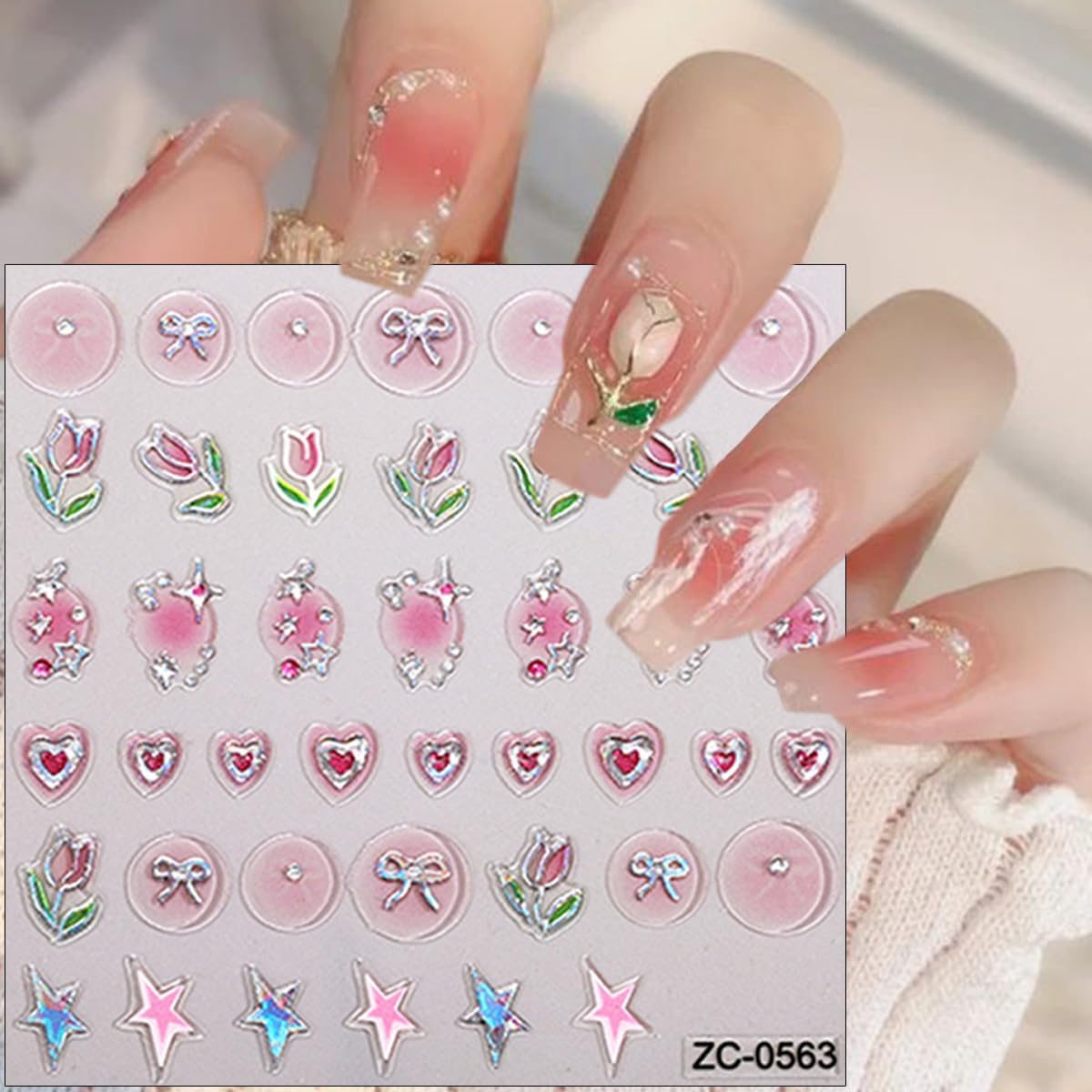 Cute Nail Art Stickers 3D Pink Tulip Flower Nails Decals Glitter Heart Bow Star Nail Stickers Gold Line Butterfly Nails Art Design Sticker Gradient Pink Manicure Supplies Decorations for Women 4Pcs