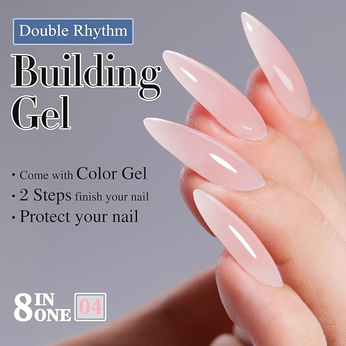 Double Rhythm Milky Pink Rubber Gel Nail Polish 15ml Nail Strengthener in a Bottle Nail Extension Hard Gel Soak Off Long Lasting Gel (Light Pink 8 in 1-4)