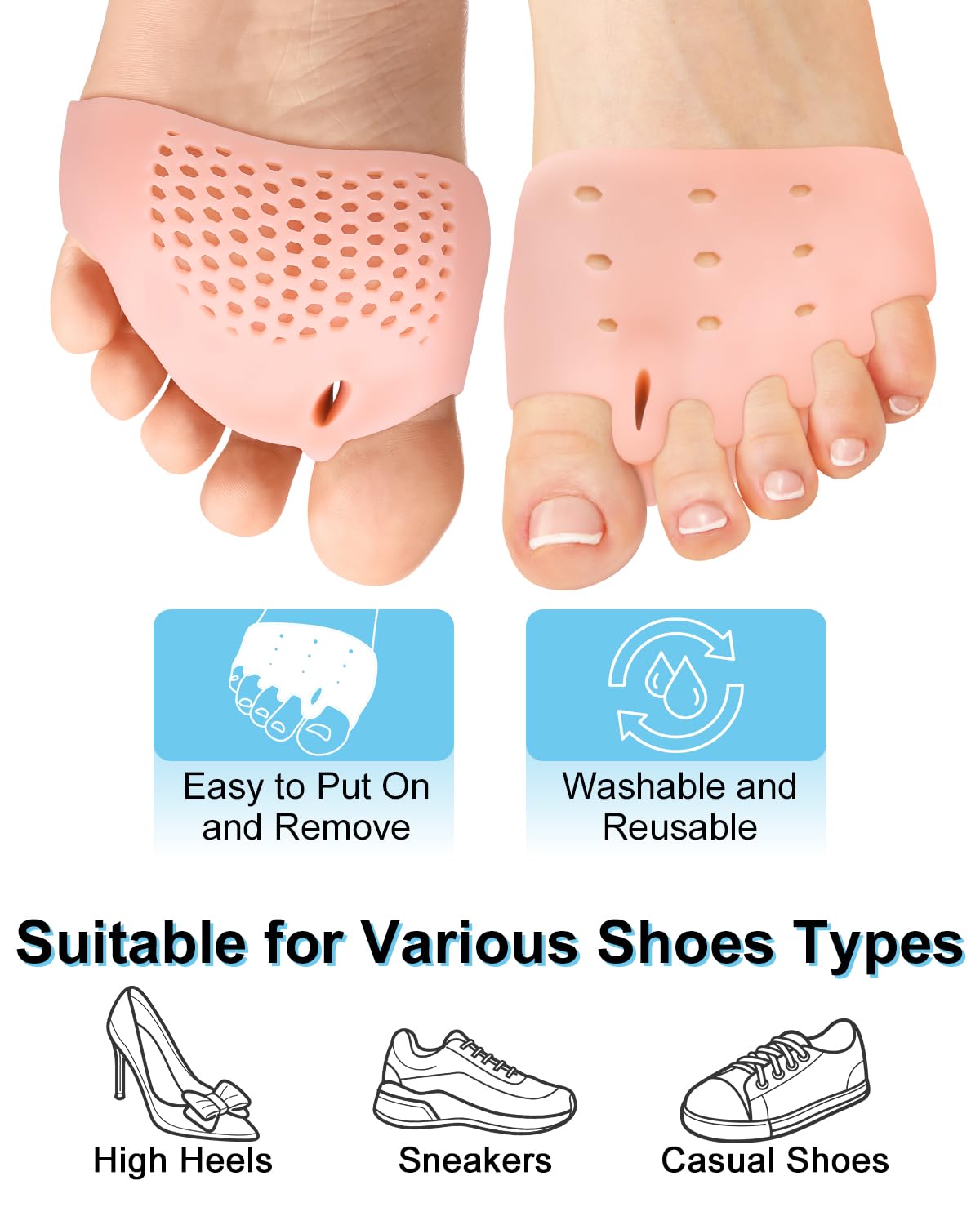 2 Pairs Silicone Toe Separators for Women and Men, Metatarsal Bunion Corrector Cushion, Soft And Breathable Toes Spacers for Foot Pain Relief (2*Skin)