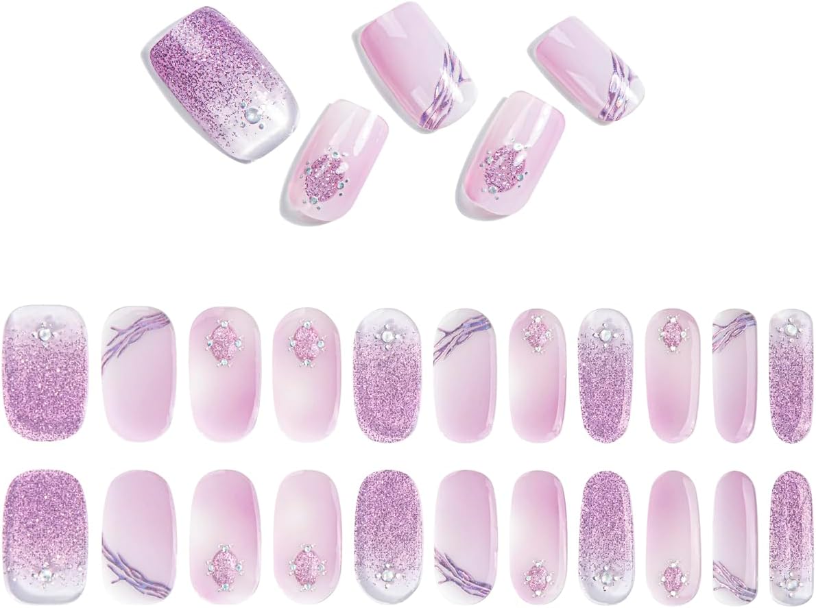 No Lamp Gel Nail Strips 22 Pcs Wraps - Silver Plum Glitter, Easy Apply Gel Nail Stickers Long Lasting, Salon-Quality, 2 Prep Pads, 1 File, 1 Wooden Stick