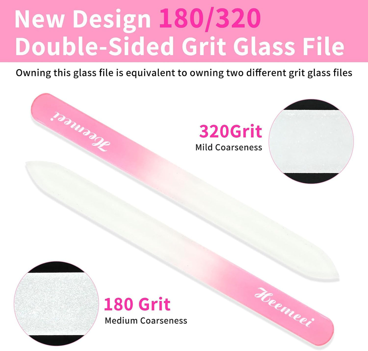 Glass Nail File, Double Sided 180/320 Grit Glass Nail Files with Case, Finger Nail Files for Women, Glass Nail File for Natural Nails, Fingernail File, Crystal Nail File, Pedicure Nails, Pink