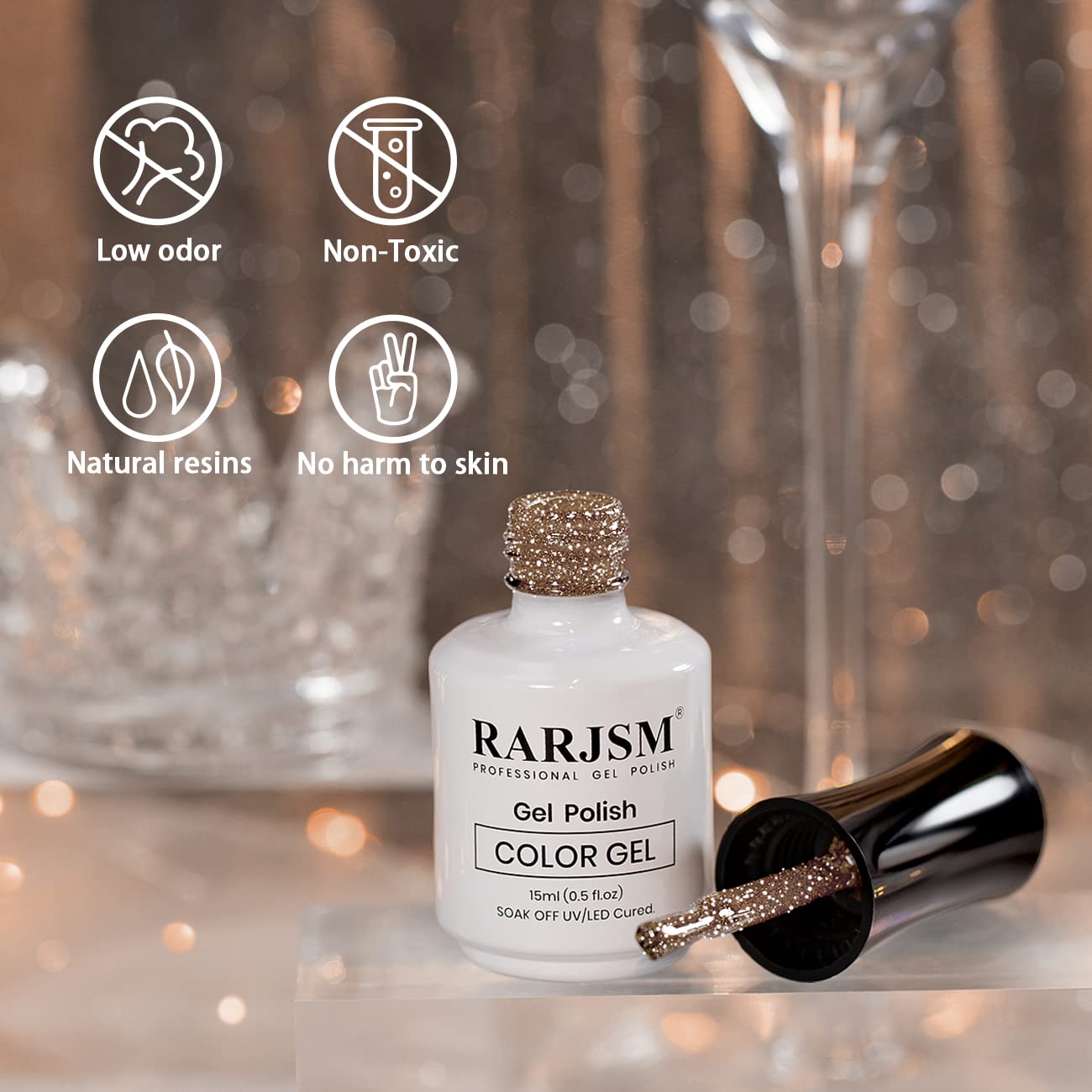 RARJSM Reflective Glitter Gel Nail Polish Champagne Brown Flash Diamond Nail GelPolish Soak off Disco Shimmer Gel Polish UV LED Curing Require 15ml 0.5FLOZ for Home Salon Diy Nail Manicure Decoration