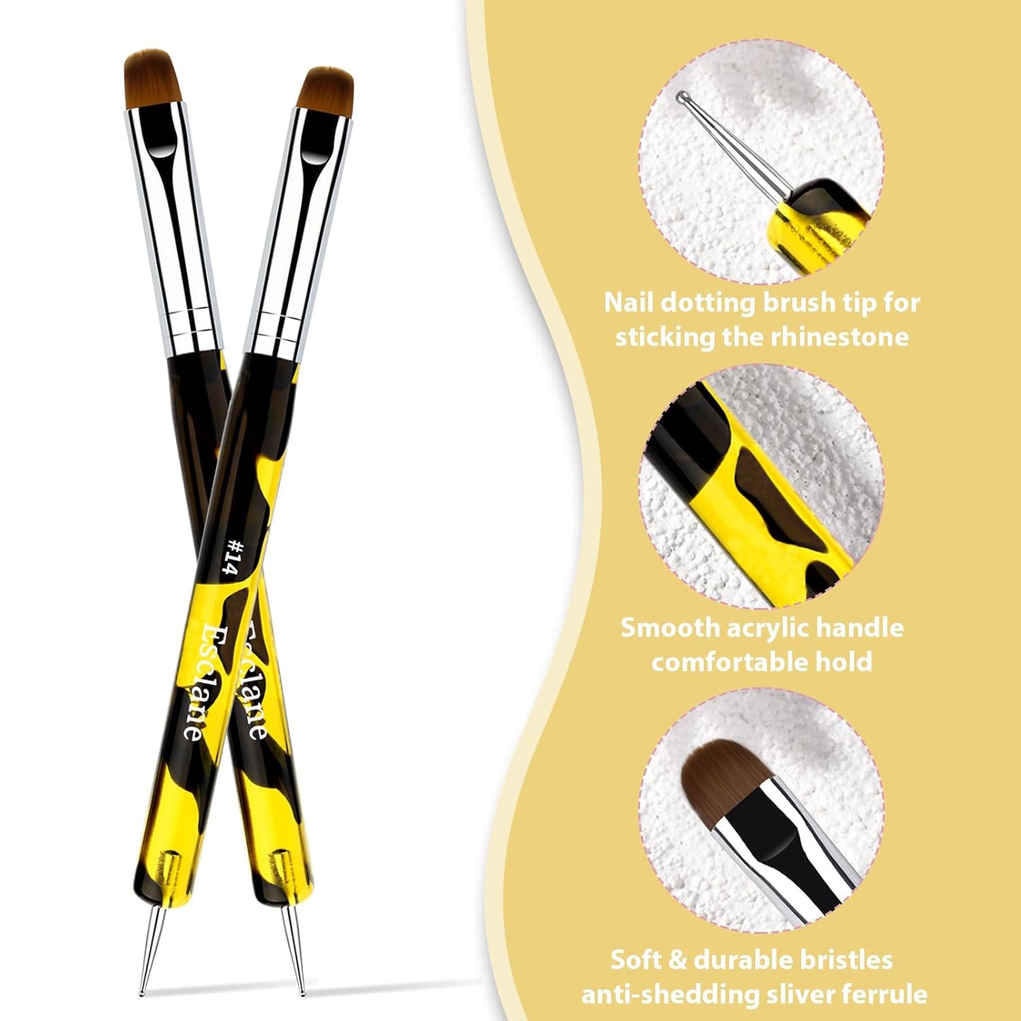 French Manicure Brush, Esclane 2 Way French Nail Brush with Dotting Tool for Manicure Cuticle Clean Up Nail Art Design, French Tip Brush (Yellow, #12)