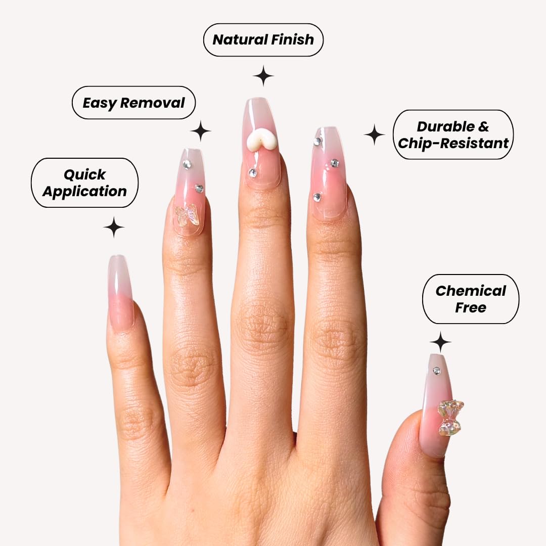 Perfect Look Press On Nails - Charm Love | No Glue One-Day Coffin Nails, Pink Ombre Fake Nails with 3D Bear Accents - 24 Pcs Nail Kit with Adhesive Tabs