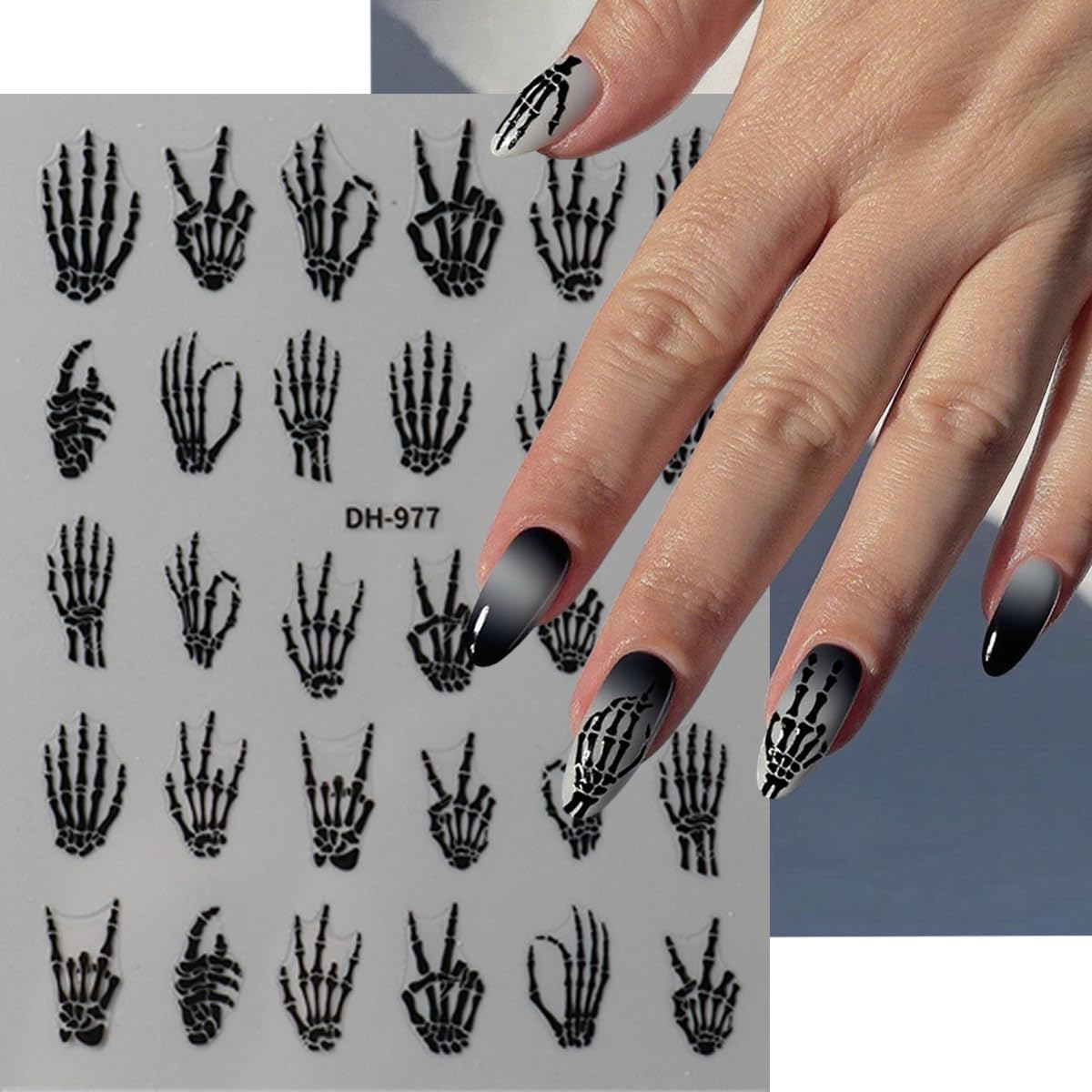 Halloween Nail Art Stickers Decals Horror Hand Bones Skeleton Skull Design Nail Stickers 5D Embossed Goth Nail Decals for Women DIY Manicure Halloween Party Nails Decorations 4 Sheets