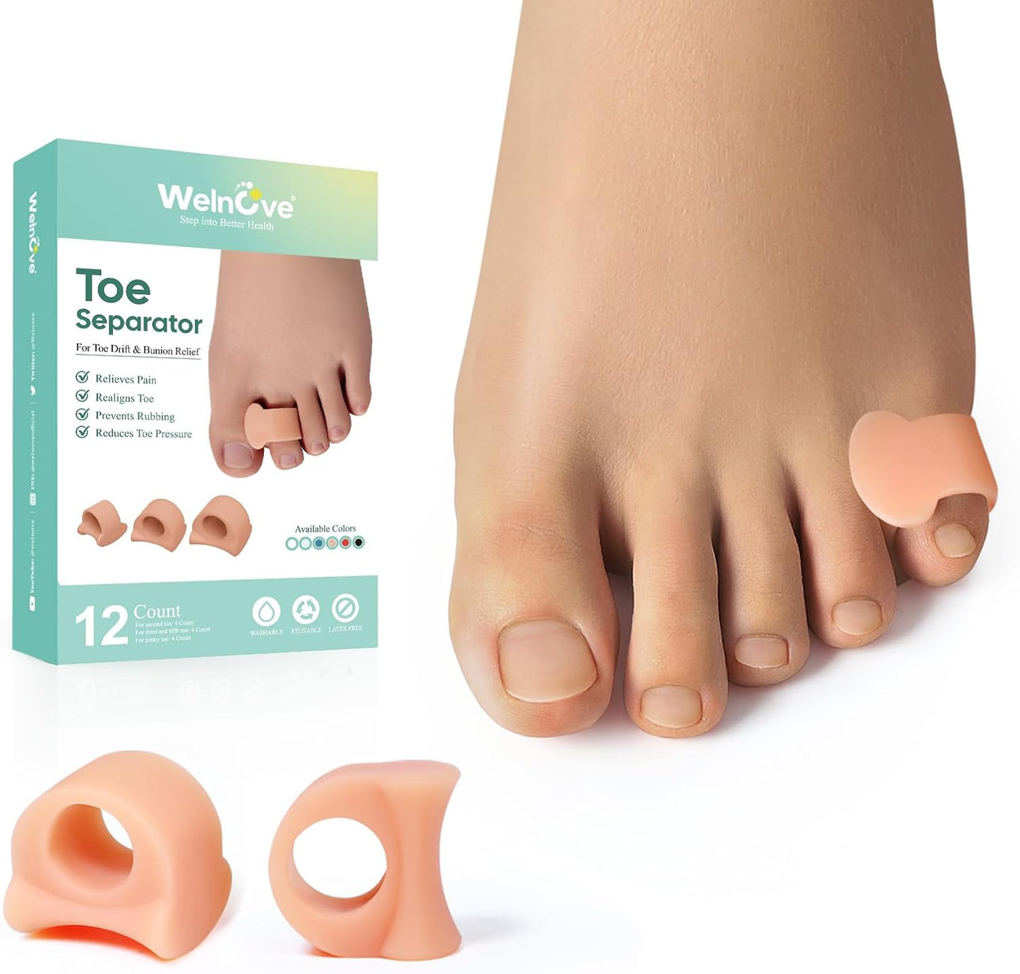 Welnove Toe Separator for Overlapping Toes - 12 Pack Toe Spacers for Bunions - Toe Corrector for Hammer Toes, Realign Crooked Toes - Preventing Rubbing Relieve Pressure (Small, Beige)