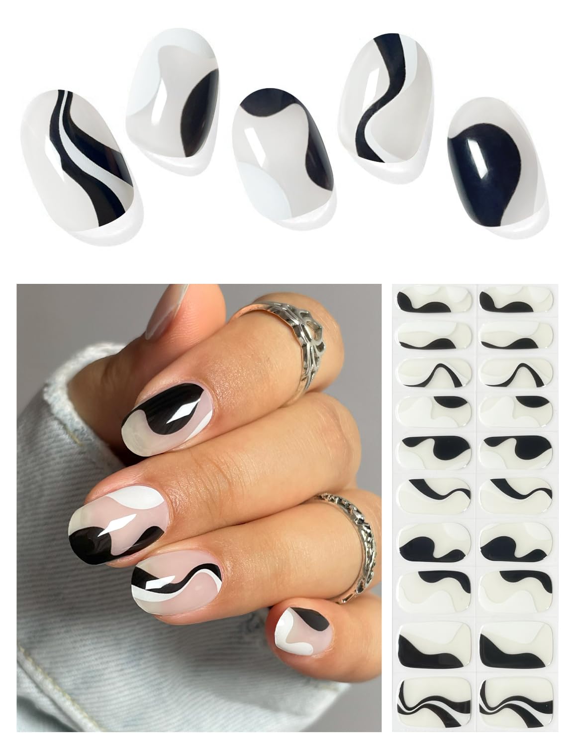 Semi Cured Gel Nail Strips (Black Line), 20 Pcs Gel Nail Wraps, Stickers, UV Light Required, Salon Quality, Long Lasting