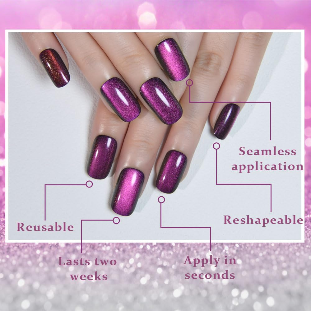 Purple Cat Eye Press on Nails Medium Square, Medium Square Glue on Fake Nails for Women Gift, Dark Purple Holographic Glitter Glossy Reusable Soft Gel Stick Press on Acrylic False Nail with Designs