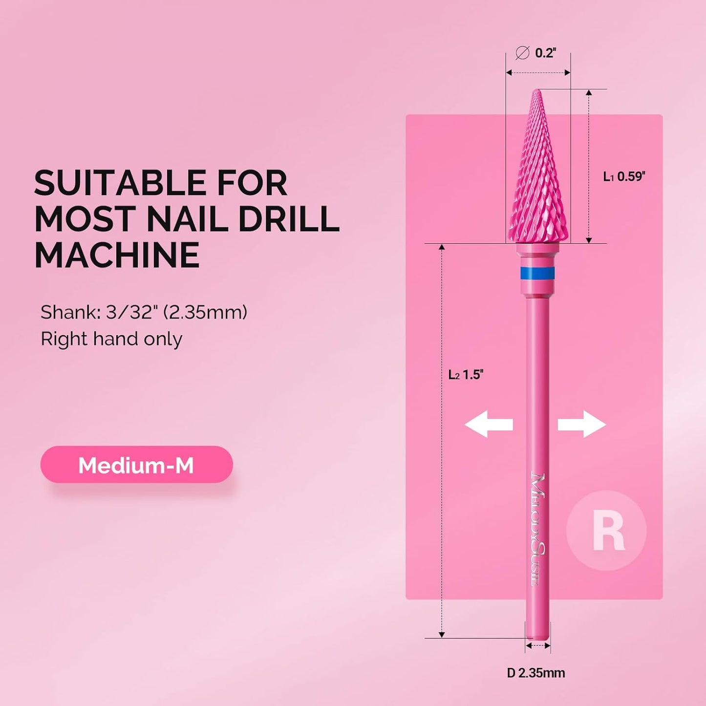 MelodySusie Professional Tapered Nib Nail Drill Bit, 3/32'' Carbide Tungsten Multi-function Bit, Suitable for Manicure Pedicure Cuticle Gel Polishing, Technicians Bit, Series Bit-M, Pink Blossom, M