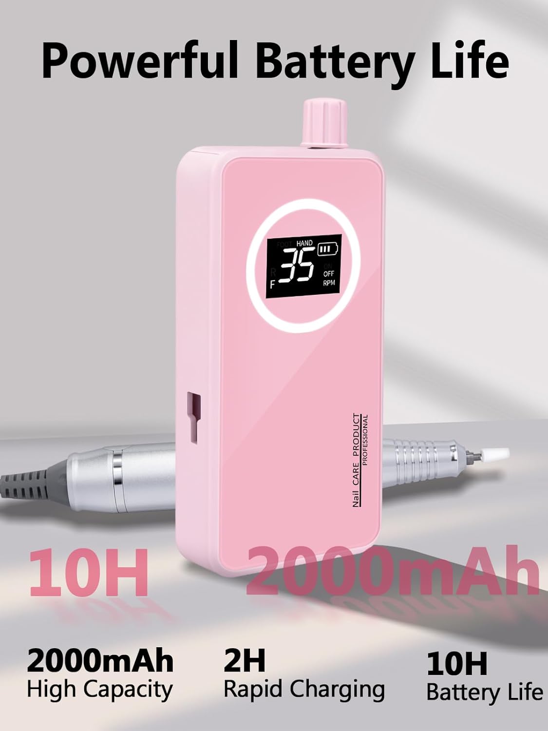 Portable Nail Drill Professional 45000 RPM, Rechargeable Electric Nail File Machine E File for Acrylic Gel Polishing Removing Pink