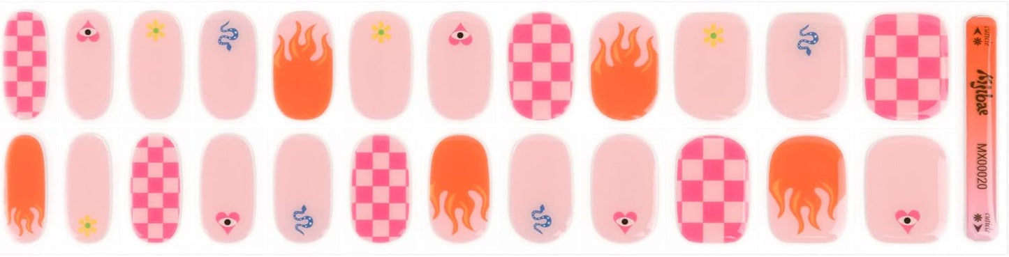 Semi Cured Gel Nail Strips - Trendy Nail Polish Wraps Works with Any UV Lamp - Long Lasting Easy Salon Manicure - 24pcs with 2 Prep Pads, Nail File & Cuticle Stick (Wild Card)
