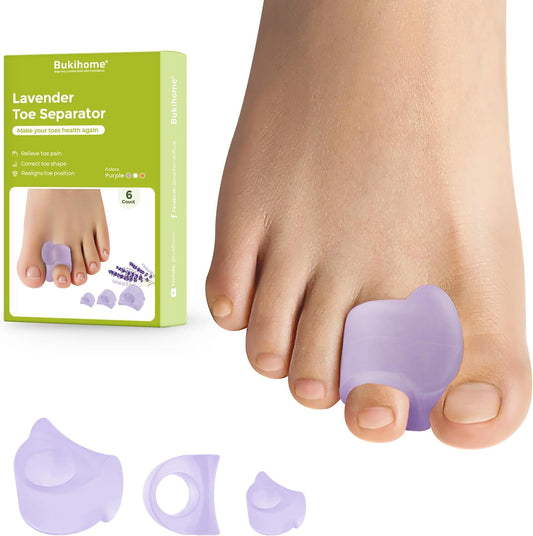 Bukihome Toe Separator for Overlapping Toes - 6 Pack Toe Spacers for Bunions with Lavender Extract - Toe Corrector for Hammer Toes, Realign Crooked Toes (Multi-Size, Lavender)
