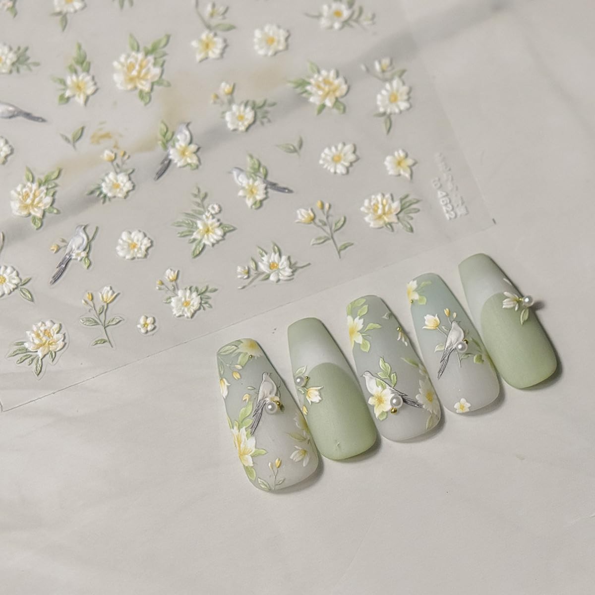 1 Sheet Flower Nail Decal with Leaf Design, Yellow White Gradient Floral Nail Art Stickers, 5D Embossed Self-Adhesive Nail Stickers for Women DIY Spring Summer Flower Manicure Art Supplies