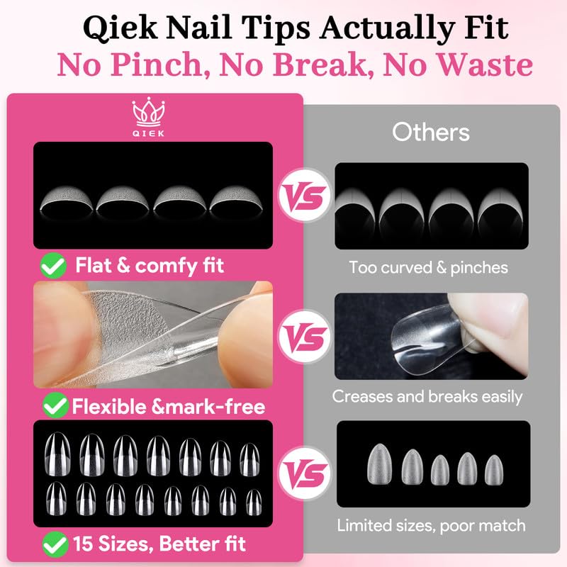 Medium Oval Fake Nail Tips - 15 Sizes 240 PCS Clear Half Matte Press On False Nail Tips Pre-shaped Soft Full Cover Gel Nail Tips Extensions Thick Long Lasting for DIY Beginners& Salon Manicure