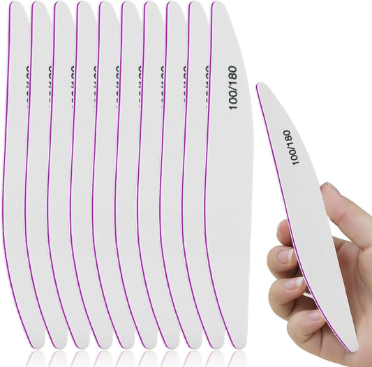 10PCS Nail Files 100/180 Set Grit Double Sided for Natural and Acrylic Nails Professional Fingernail Emery Boards and Shine Kit Supplies for Salon and Home Tech