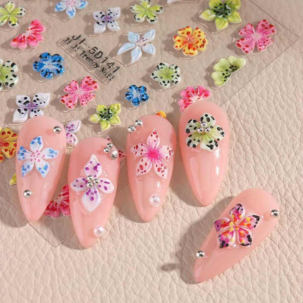 4 Sheets Embossed Flower Nail Art Stickers - Self-Adhesive Nail Decals, Colorful Floral Petals, 5D Acrylic Carved Design for Women & Girls Manicure Decoration