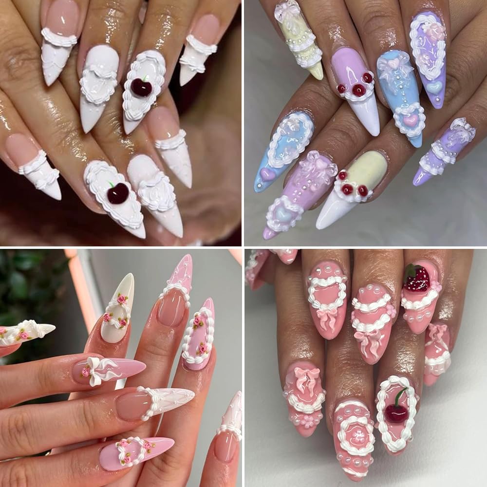 Cake Cream 5D Embossed Nail Art Stickers, 4 Sheets Cute Cream Chain Pleated Skirt Edge French Nail Decals Strawberry Cherry Rose Heart Self Adhesive DIY Nail Supplies for Women Girls