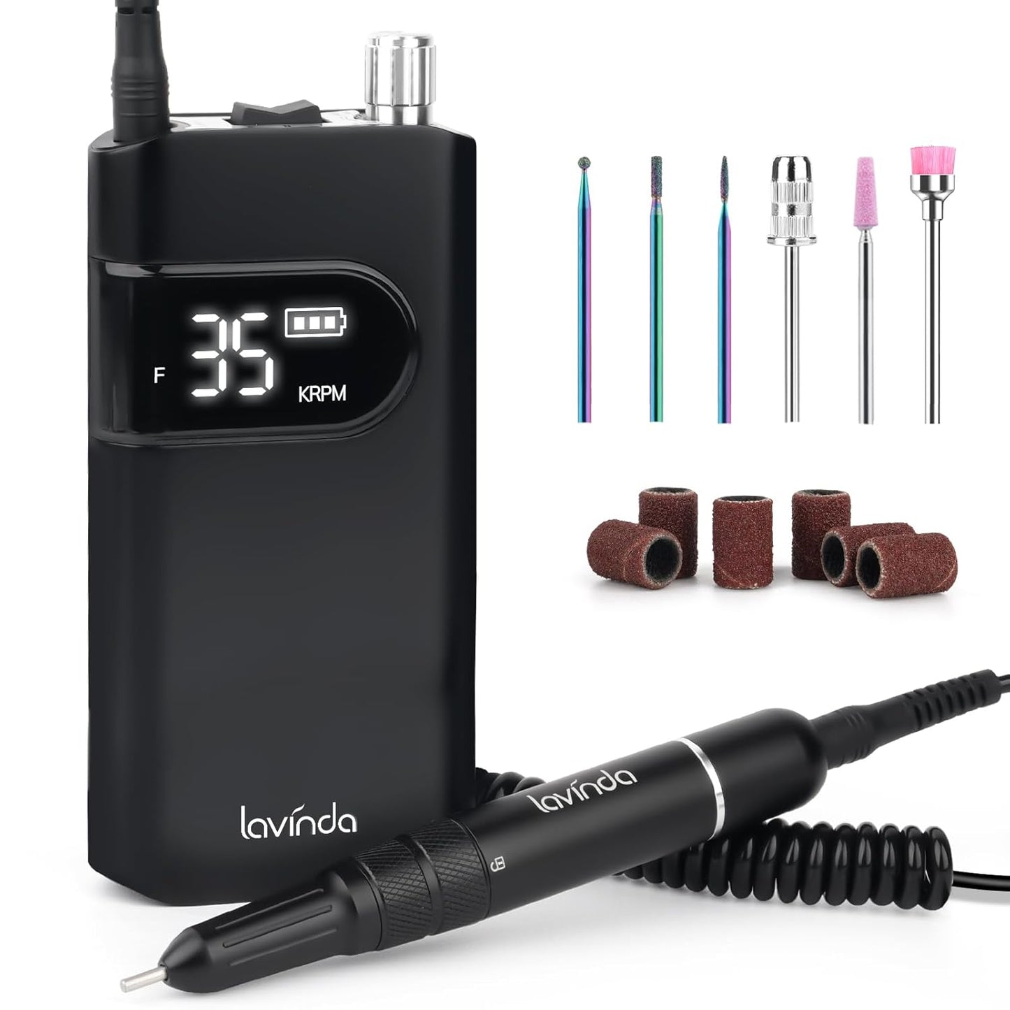 Lavinda 35000RPM Electric Nail Drill, Professional Cordless Nail Drill Machine Portable Rechargeable Nail Efile for Acrylic Gel Nails, Manicure Pedicure Polishing Shape Tools for Salon Home Use-Black