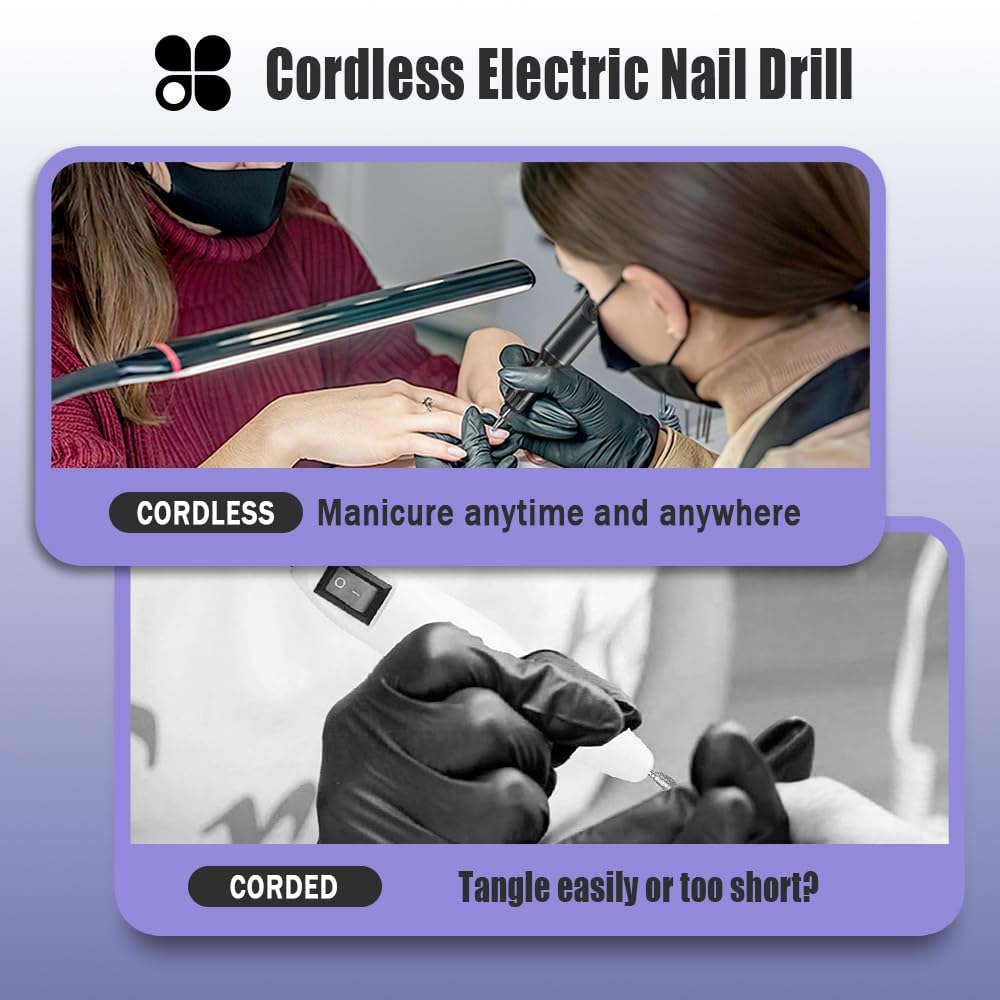 Pinkiou Electric Nail Drill, Cordless Electric Nail File ,Manicure Pedicure Kit for Acrylic,Gel Nails,Rechargeable Nail Drill,Professional Nail Grinder for Home Salon Use