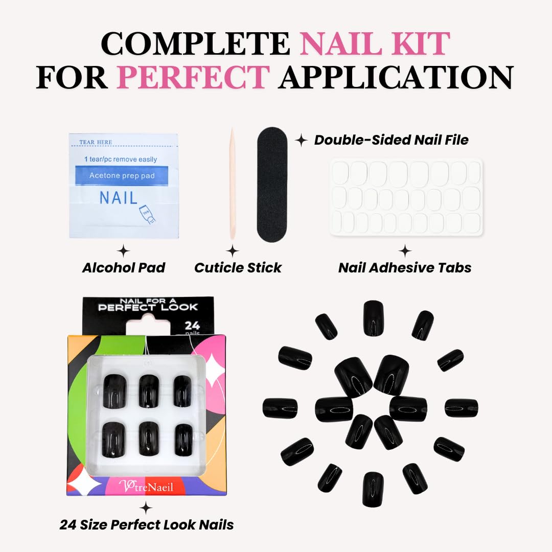 Perfect Look Press On Nails - Black Mirror | No Glue One-Day Short Square Nails, Glossy Jet Black Fake Nails with Gloss Finish - 24 Pcs Nail Kit with Adhesive Tabs