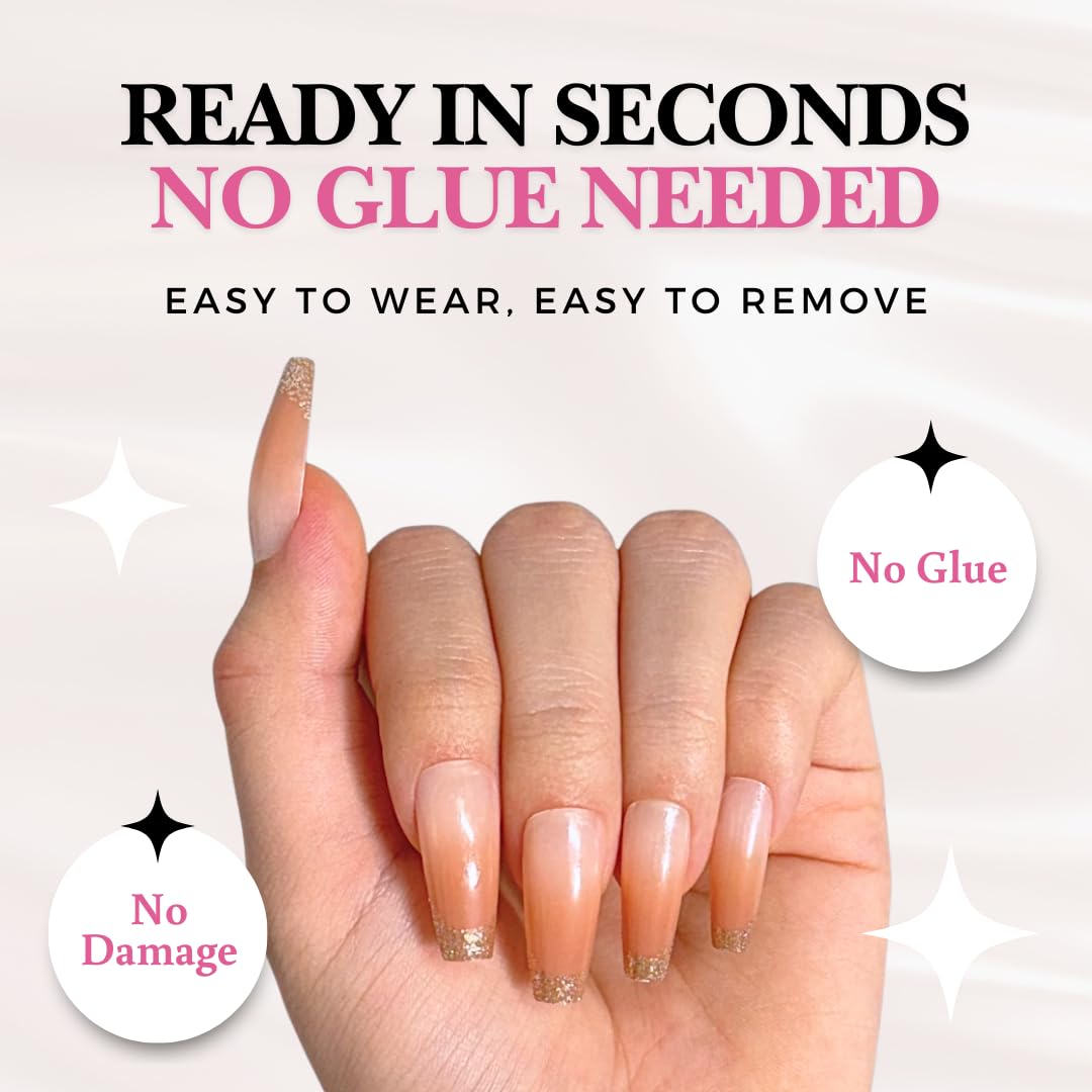 Perfect Look Press On Nails - Coral Shine | No Glue One-Day Coffin Nails, Peach Ombre Nails with Glitter French Tips - 24 Pcs Nail Kit with Adhesive Tabs