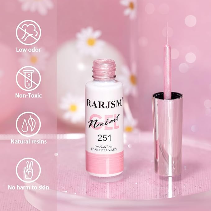 RARJSM Pearl Pink Nail Art Gel Liner Pearlescent Shell Glitter Swirl Effect Gel Nail Polish 8ml Build in Thin Brush Painted Drawing Striper Gelpolish Soak off Curing Requires for Home Salon Design