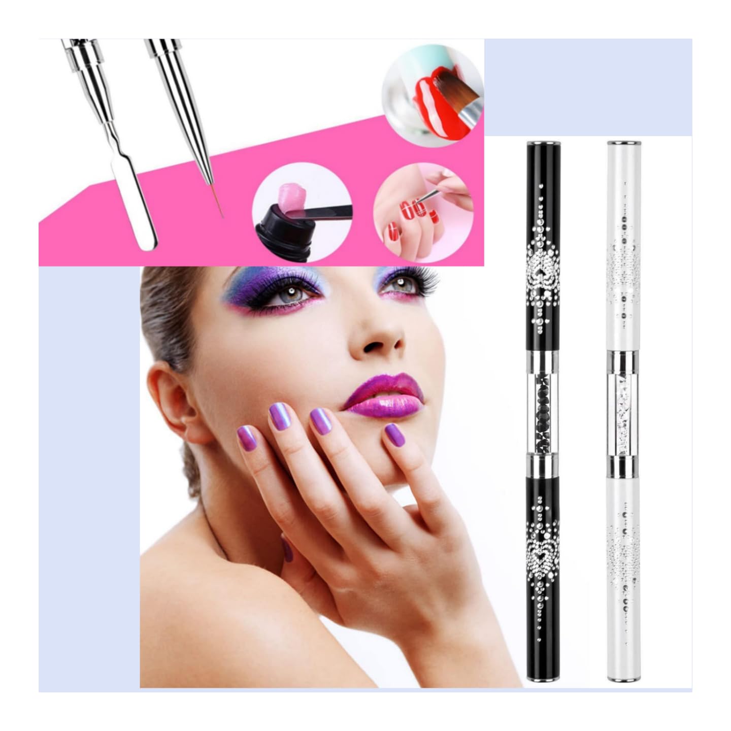 2PCS Professional Nail Art Brushes Set – Dual-Ended French Manicure &gel brush Gel Liner Brush with Rhinestone Handle,nail stamping Acrylic Nails & Home Nail Design gel brush