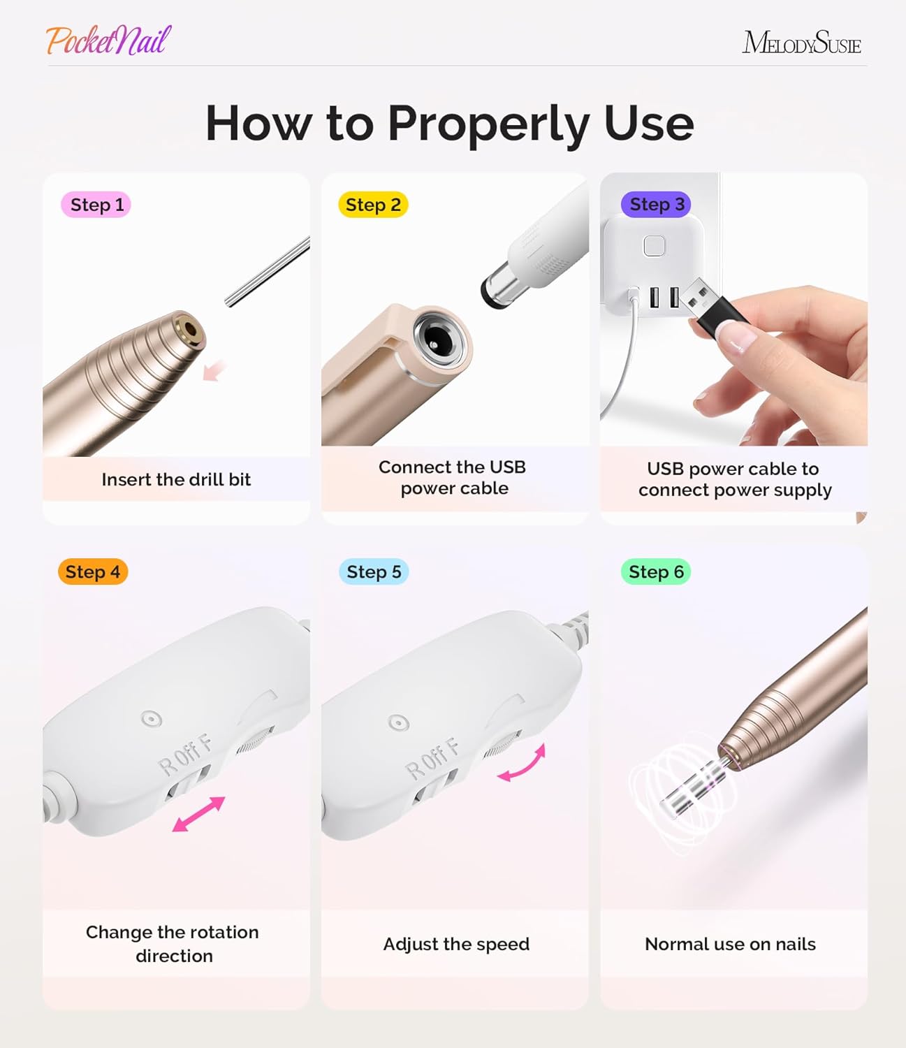 MelodySusie PocketNail Slim Ergonomic Pen-Shaped USB Nail Drill, PC100G 20000RPM Portable Electric File for All Manicure, Pedicure Nail Care, Shaping & Gel Removal at Home for Beginners