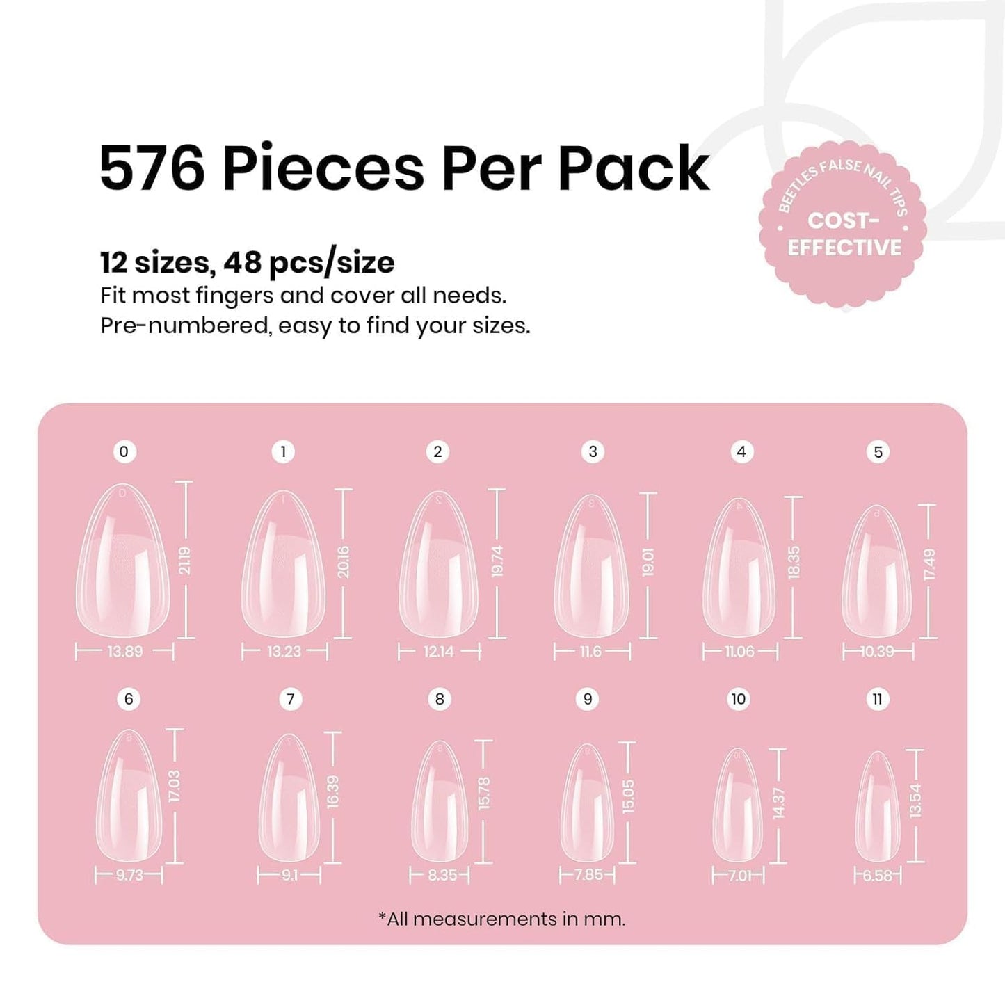 Beetles Gel Nail Tips 576Pcs Pre-shape Short Almond Etch-X Nail Tips,12 Sizes Soft Nail Tips Half Matte False Nails for Fall Nails Full Cover Press On Nail Nail Extensions Set for Women