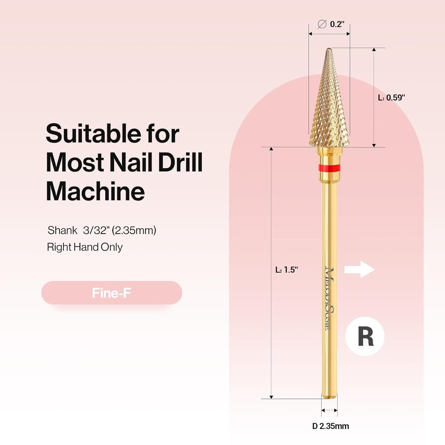 MelodySusie Professional Tapered Nib Nail Drill Bit, 3/32'' Carbide Tungsten Multi-function Bit, Suitable for Manicure Pedicure Cuticle Gel Polishing, Technicians Bit, Gold, Series Bit-M, Fine